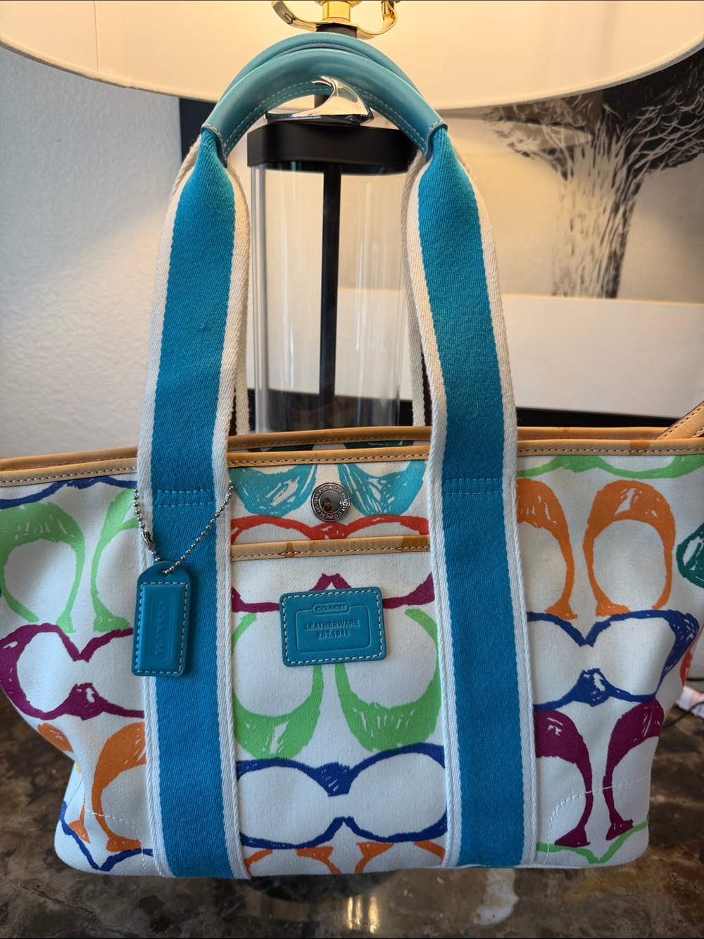 Coach 2004 Scribble Mini Tote Bag Hampton canvas  teal multicolor 100% Authentic